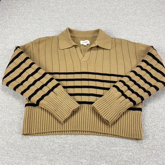 Pistola Tan Noir Stripe Ribbed Cotton Polo Sweater Small - Picture 11 of 11